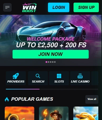 Winboost Casino lobby in a mobile browser