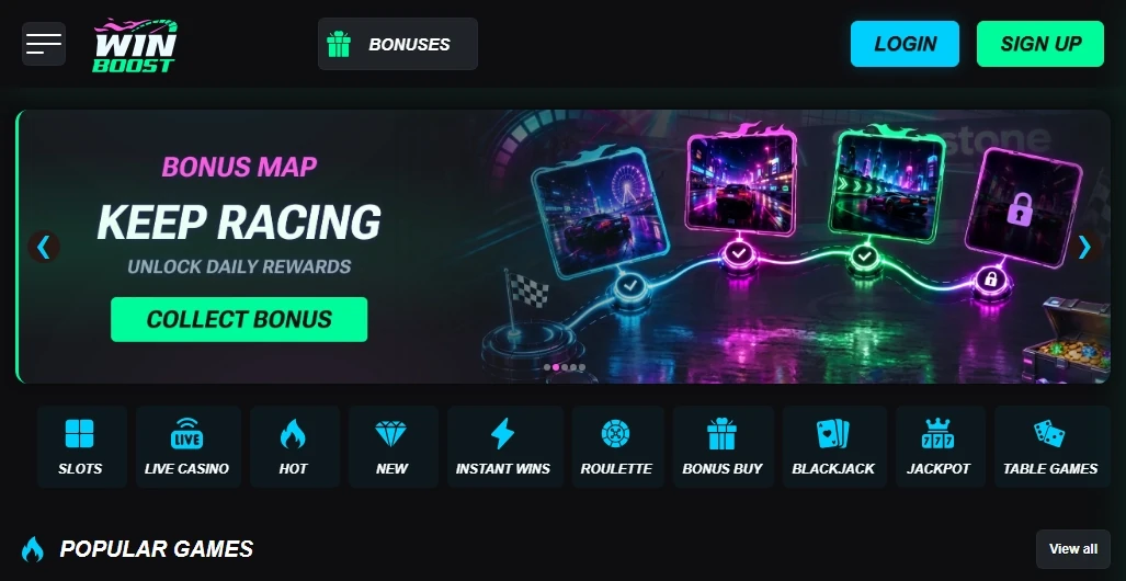 Winboost Casino desktop lobby with game categories